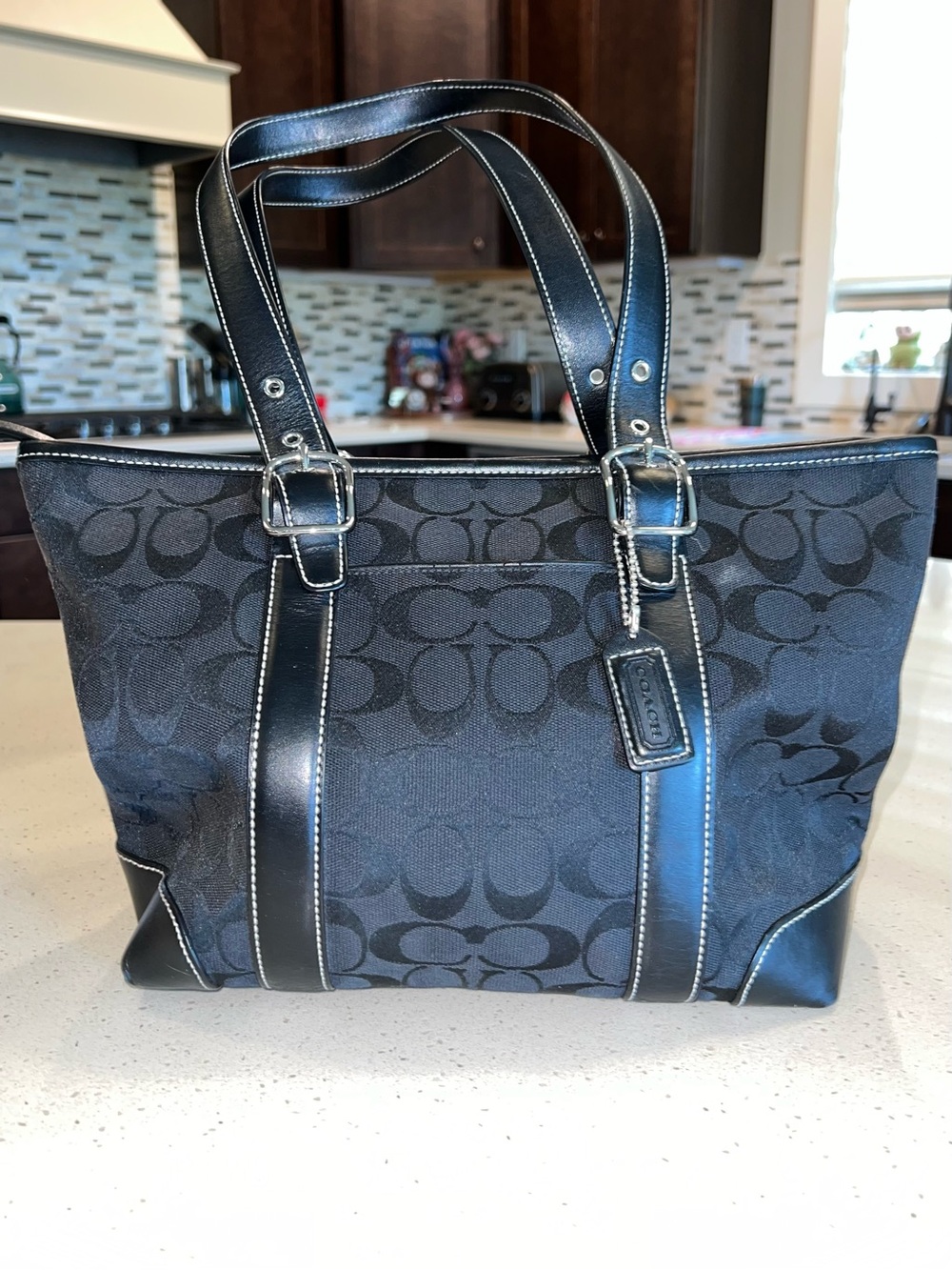 Coach Black Signature Tote with Leather Trim